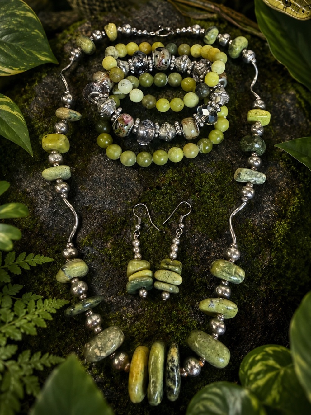 Serpentine Gemstone Beaded Jewelry Set, Necklace, Bracelet Bundle & Earrings